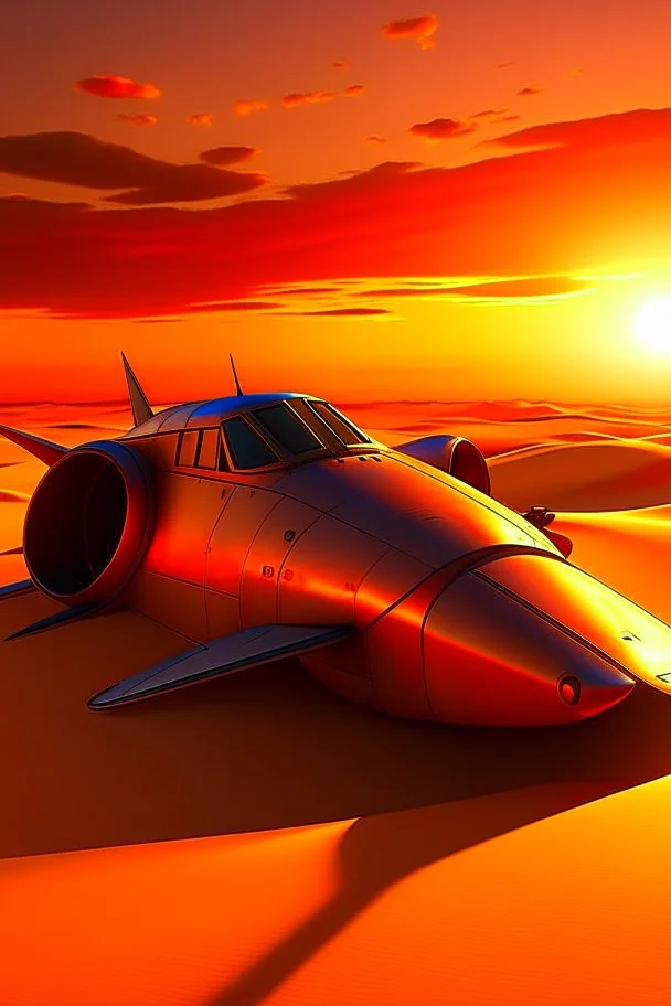 A 1940 small army airplane crashed in realistic desert with sand dunes and a sunset