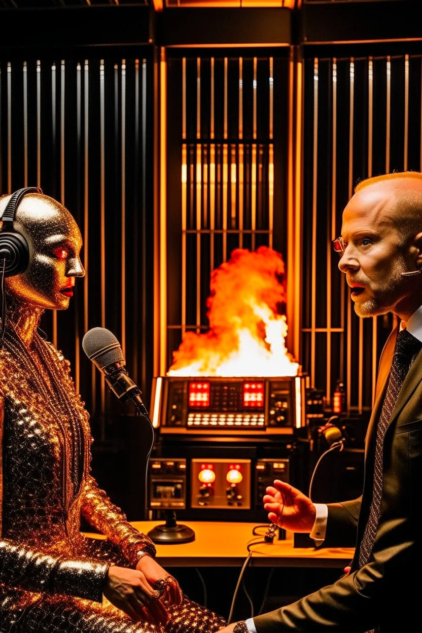 Two radio hosts are face to face in a burning radio studio. The host on the left is a bald human metal fan. The host on the right is a ridiculous robot.