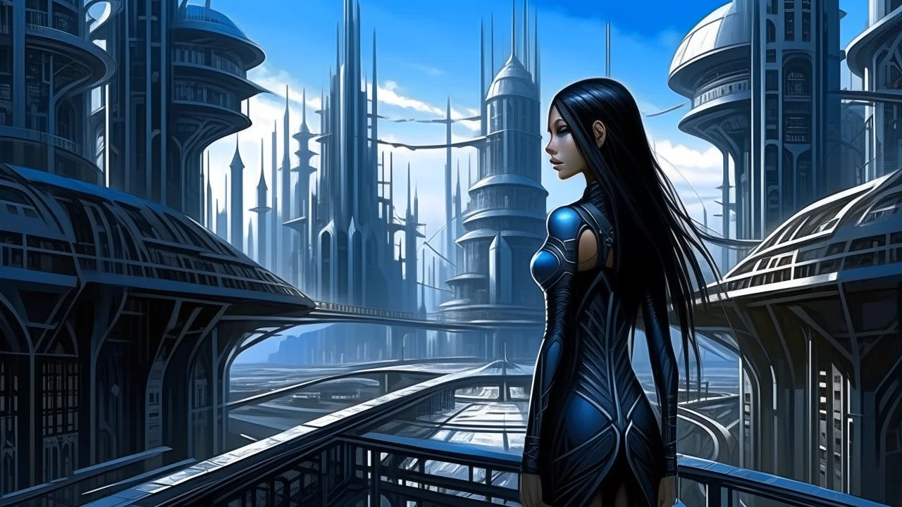 Exotic sci-fi skinny girl, with long dark hair, in an alien city, tall spires, buildings, bridges, and arches