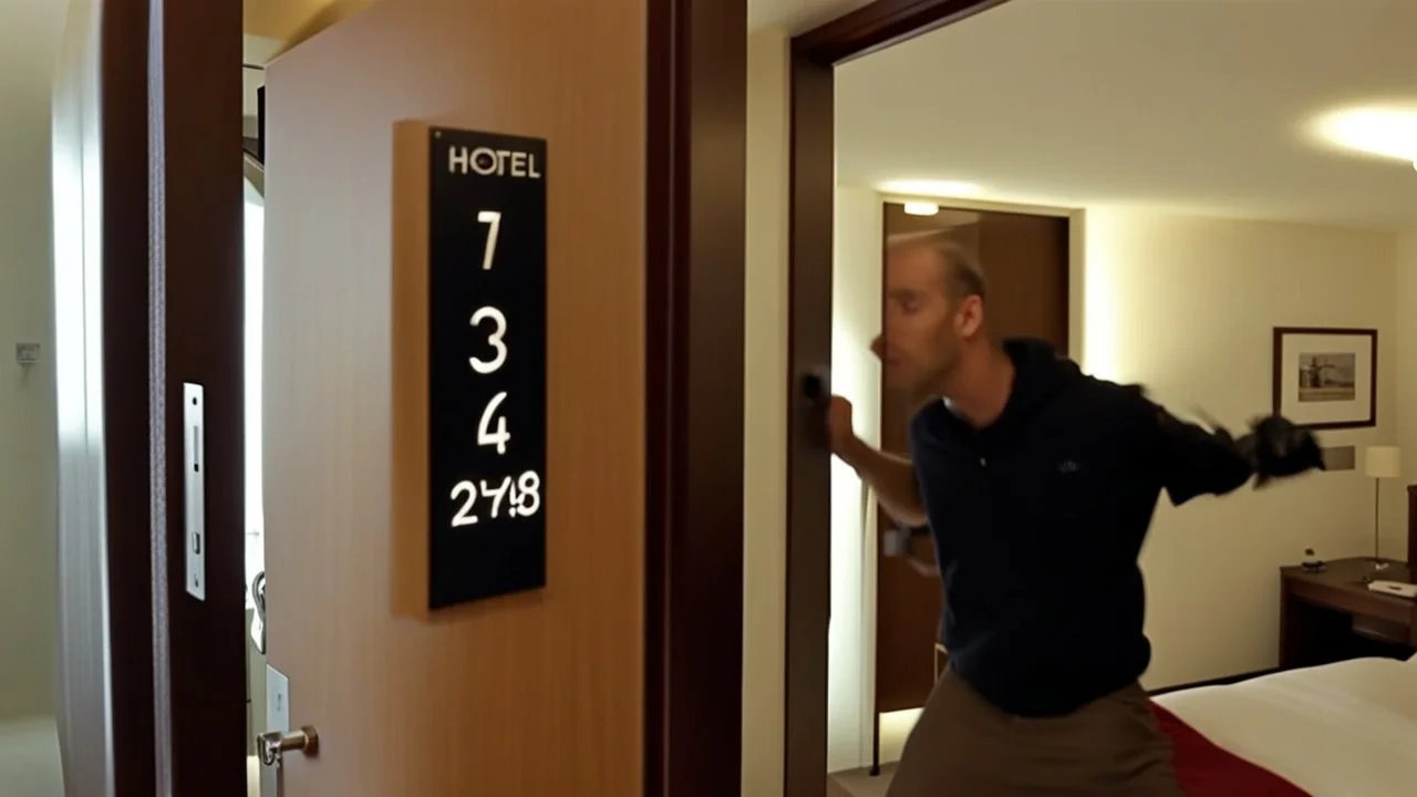 guy licks numbers on his hotel room door