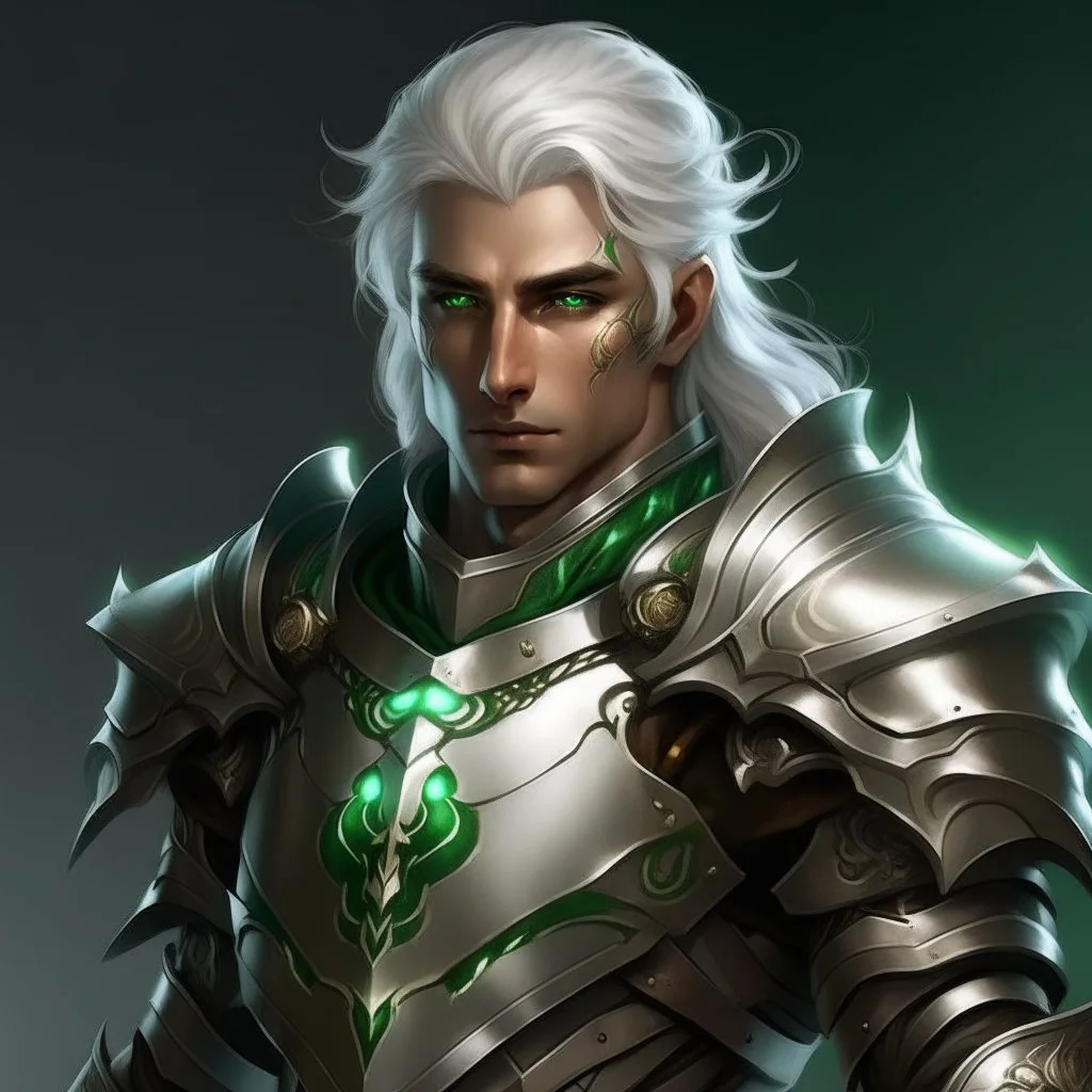 Please create an image for a young elven male with light brown skin, silver hair, and green eyes. He is wearing leather armor and is accompanied by a metallic robot