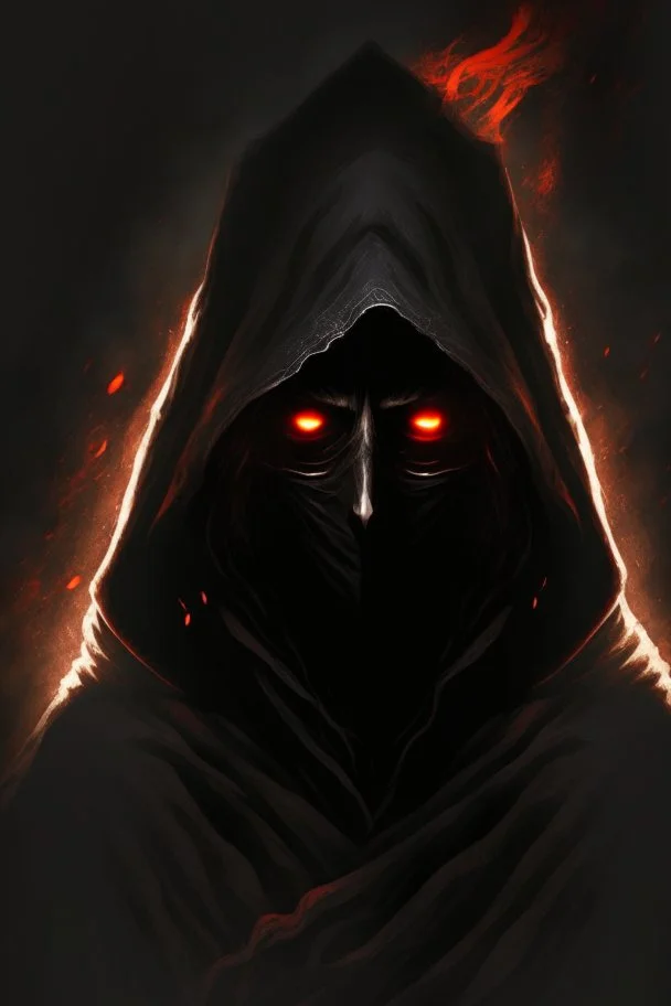 Dark sorcerer, black robe, not visible face, comic style, red eyes