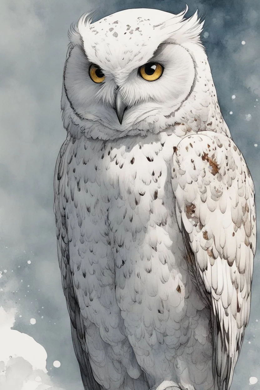 ink wash and watercolor full body illustration of a hybrid Snowy Owl girl with highly detailed feathers and facial features in the comic book style of Bill Sienkiewicz and Jean Giraud Moebius, with a fine art aesthetic, highly detailed , 4k UHD cinegraphic quality