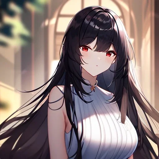 Clear focus, high resolution, black long fluffy hair, red eyes, wearing a cute outfit