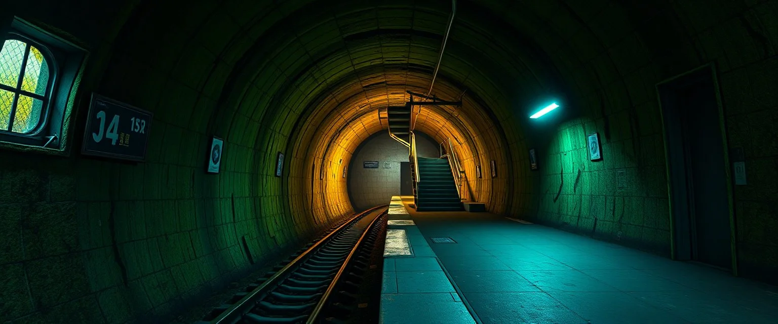 GAME CONCEPT ART .two poin perspective.Station platform and stairs from side .photograph inside of hole .very big ambient.gient station.Inside the old subway tracks, . Low light and closed green moss walls. Like the original design of the game space ,digital art.landscape,far camera old painting,2 Chen and George Hopper, Rembrandt lighting, a dark green color scheme, . --ar 13:16 --v 6. 0 metro game