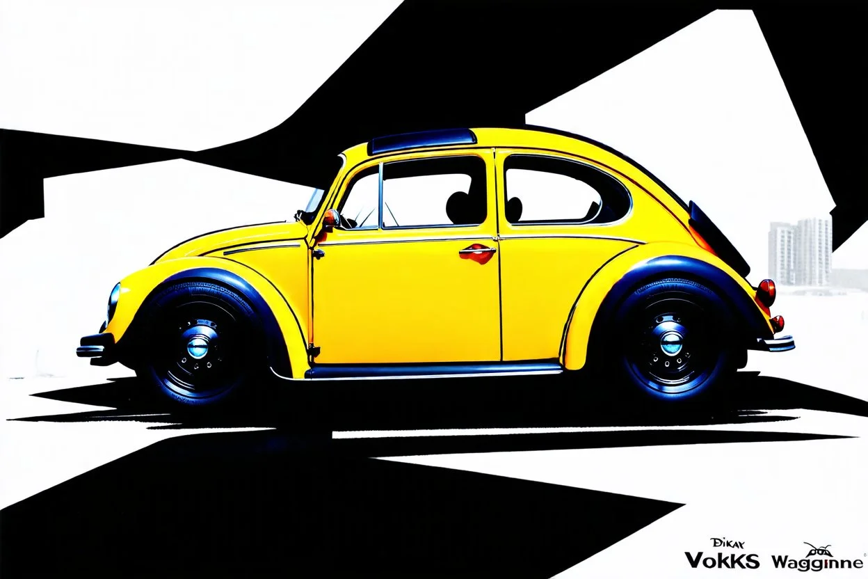 volks wagen beetle , classic model, paint shining yellow and black, big wheels, aerodinamic kit, rendering pixar style, tiny fashion