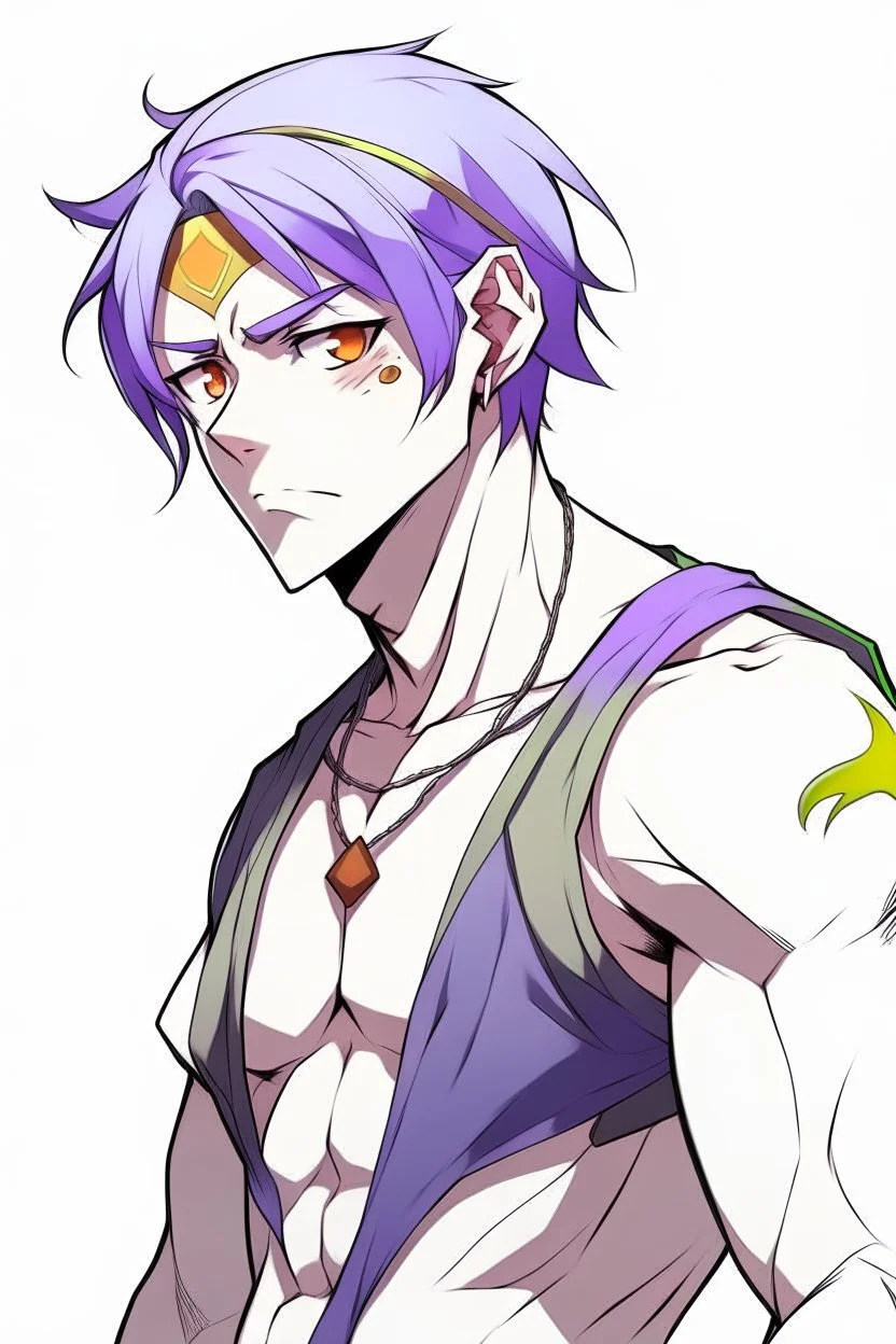 Anime man side character with magnetic abilities, too small muscles, aged 23, purple hair
