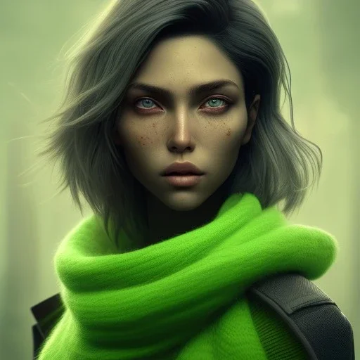 portrait, insanely detailed, heroïc fantasy setting, woman, dark-skinned, indian, octane render, green and black wavy hair, green hairlocks