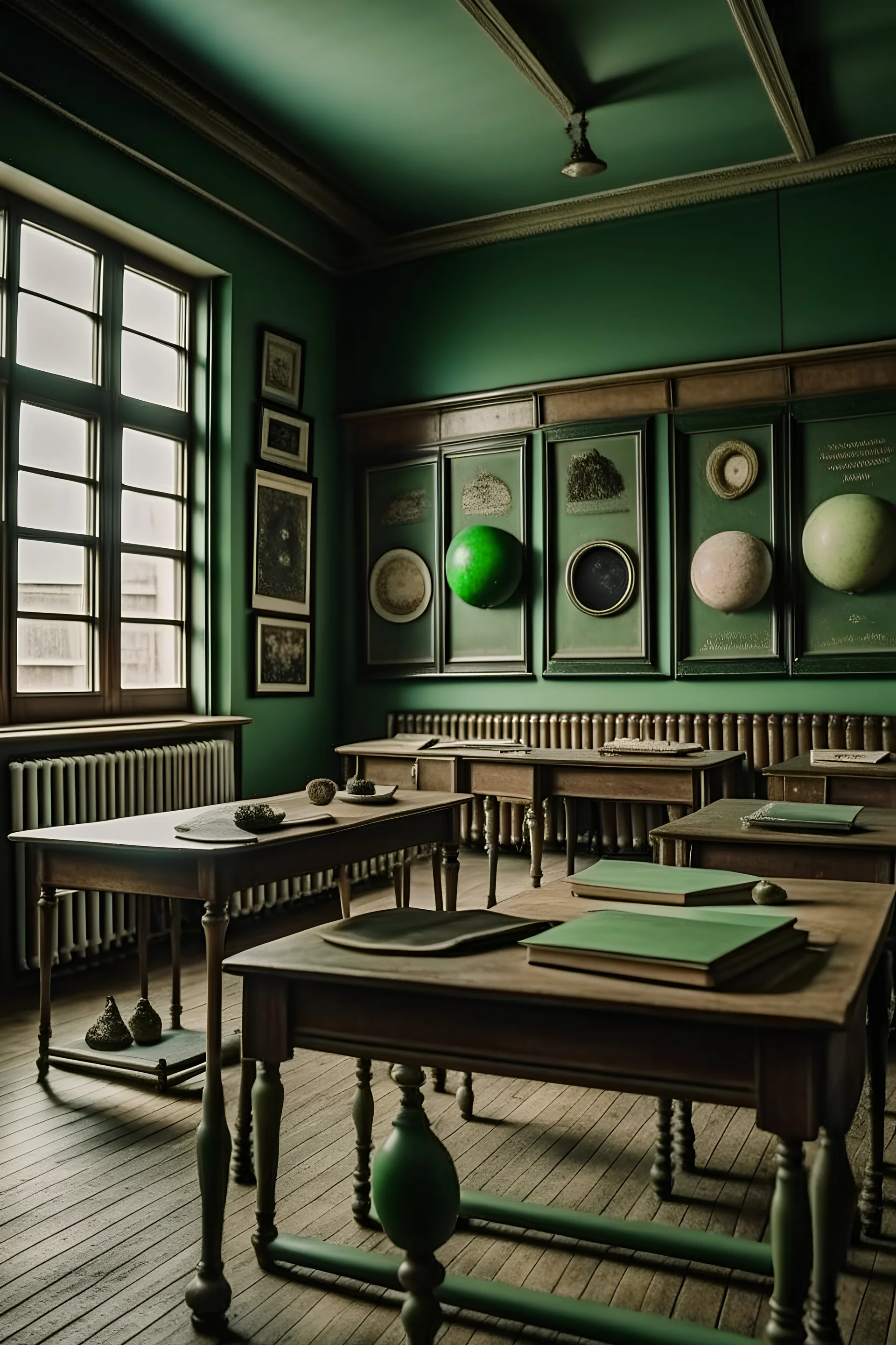 Classroom aesthetic, vintage, mysterious, hyper realism group chat cover picture logos. With frames.