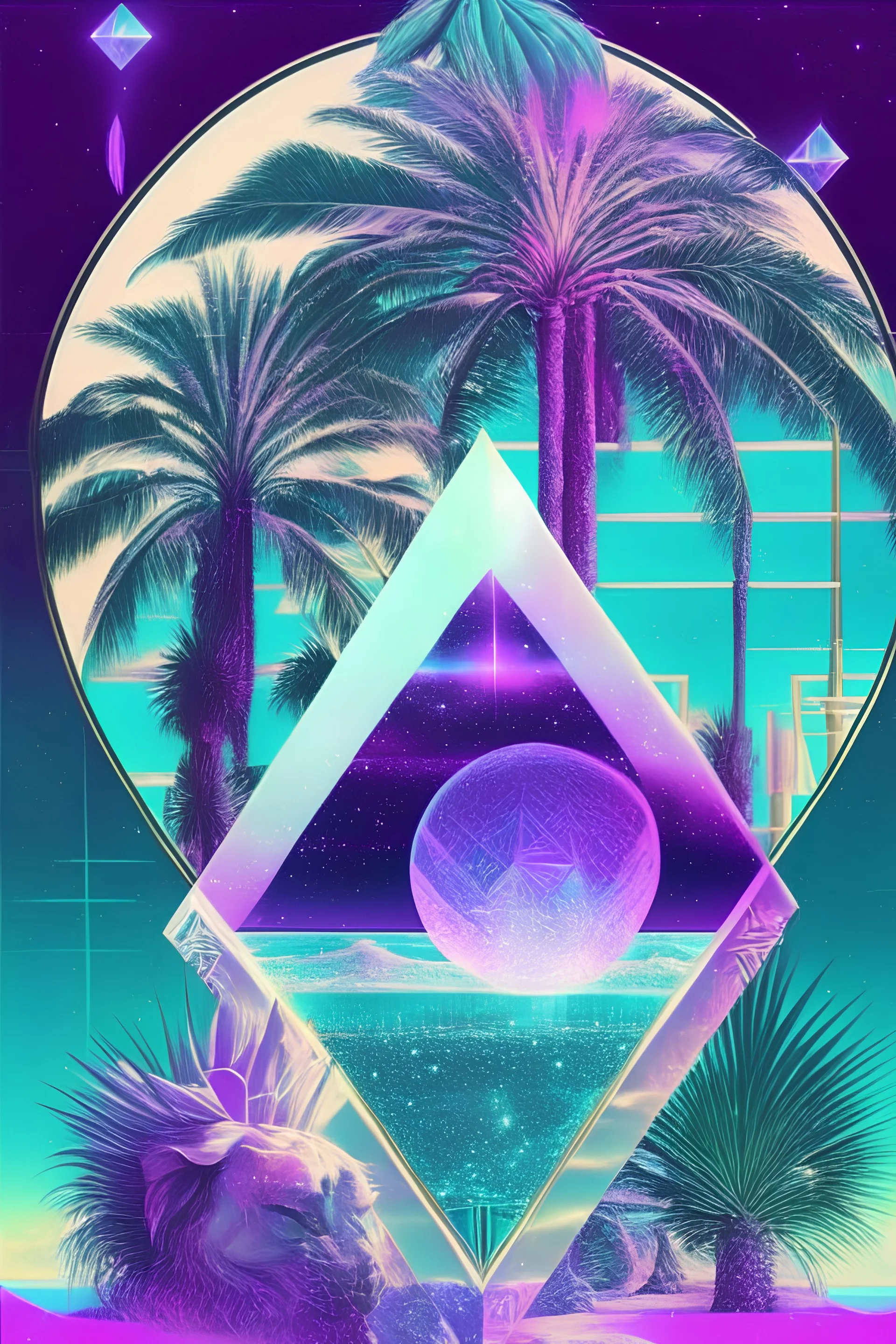 vaporwave, tarot card, palm trees, crystal ball, pyramid, galaxy, athena