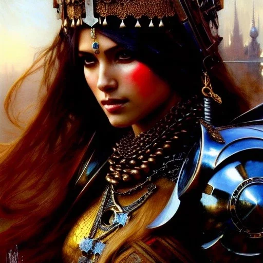 portrait beautifull face girl medieval metal armor balanciaga fashion clothe painting by gaston bussiere, greg rutkowski, yoji shinkawa, yoshitaka amano, tsutomu nihei, donato giancola, tim hildebrandt, oil on canvas, trending on artstation, featured on pixiv, cinematic composition, extreme detail