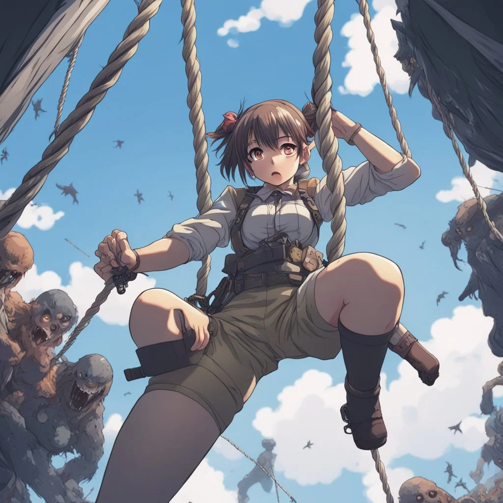 down view of a anime army girl hanging in a rope shooting at the monsters beneath her