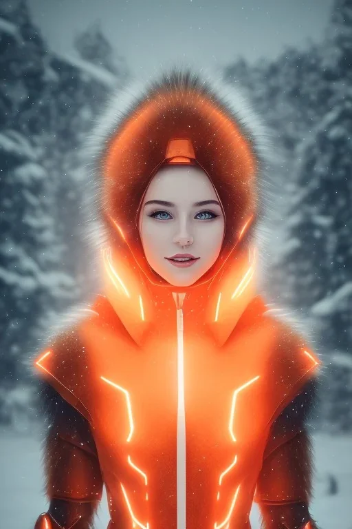 portrait of a beautiful girl, wearing glowing orange armor, futuristic armor, natural posture, nice smile, snowy mountain background, snow, fur cloak