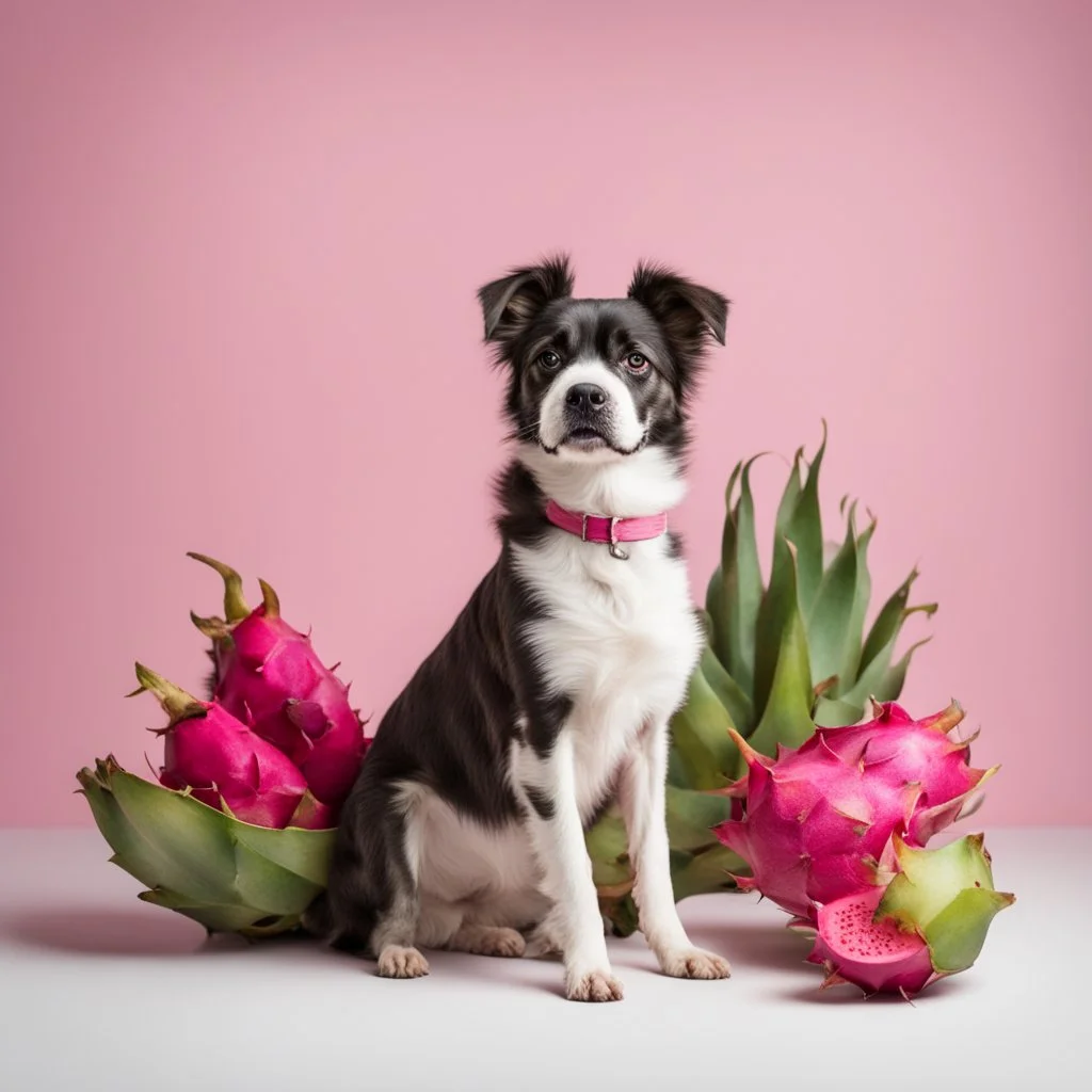 A dog sitting in front of a dragon fruit on a light background for removal