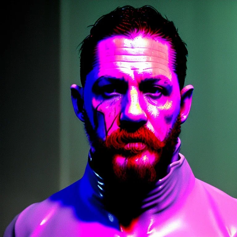 Actor, tom hardy, blade runner style, rain, fog, neon ambient, gradient color, clean skin, circuits, latex coat, cyber punk, neon, tubes, portrait, studio photo, unreal engine 5, smooth color, 16 bit, god lights, ray tracing, RTX, lumen lighting, ultra deatail, volumetric lighting, 3d, finely drawn, hd.