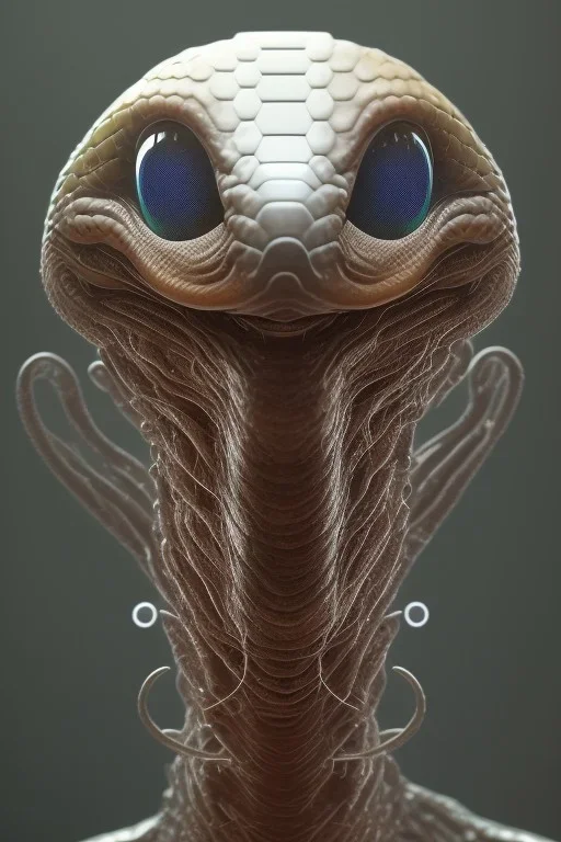 snake alien, head,8 eyes, smile, 8k, with hairs, finely detailed, photo realistic, HR Giger style