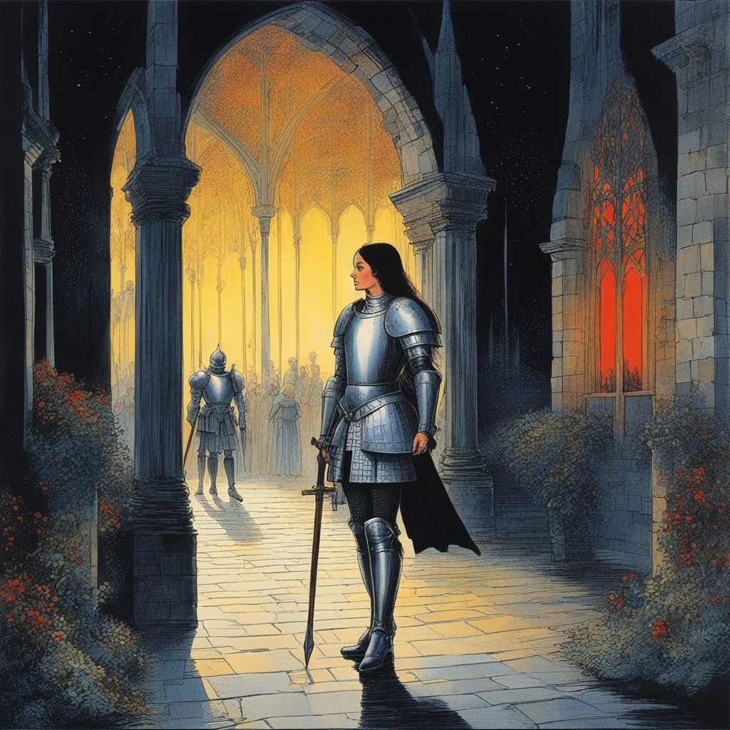 [middle age art by Philippe Druillet] at nightfall: lonely youthful Joan of arc in her armour in the courtyard of the Royal Court in Chinon for an audience with Charles, the King of France at the age of 17. the guards open the gates of the city