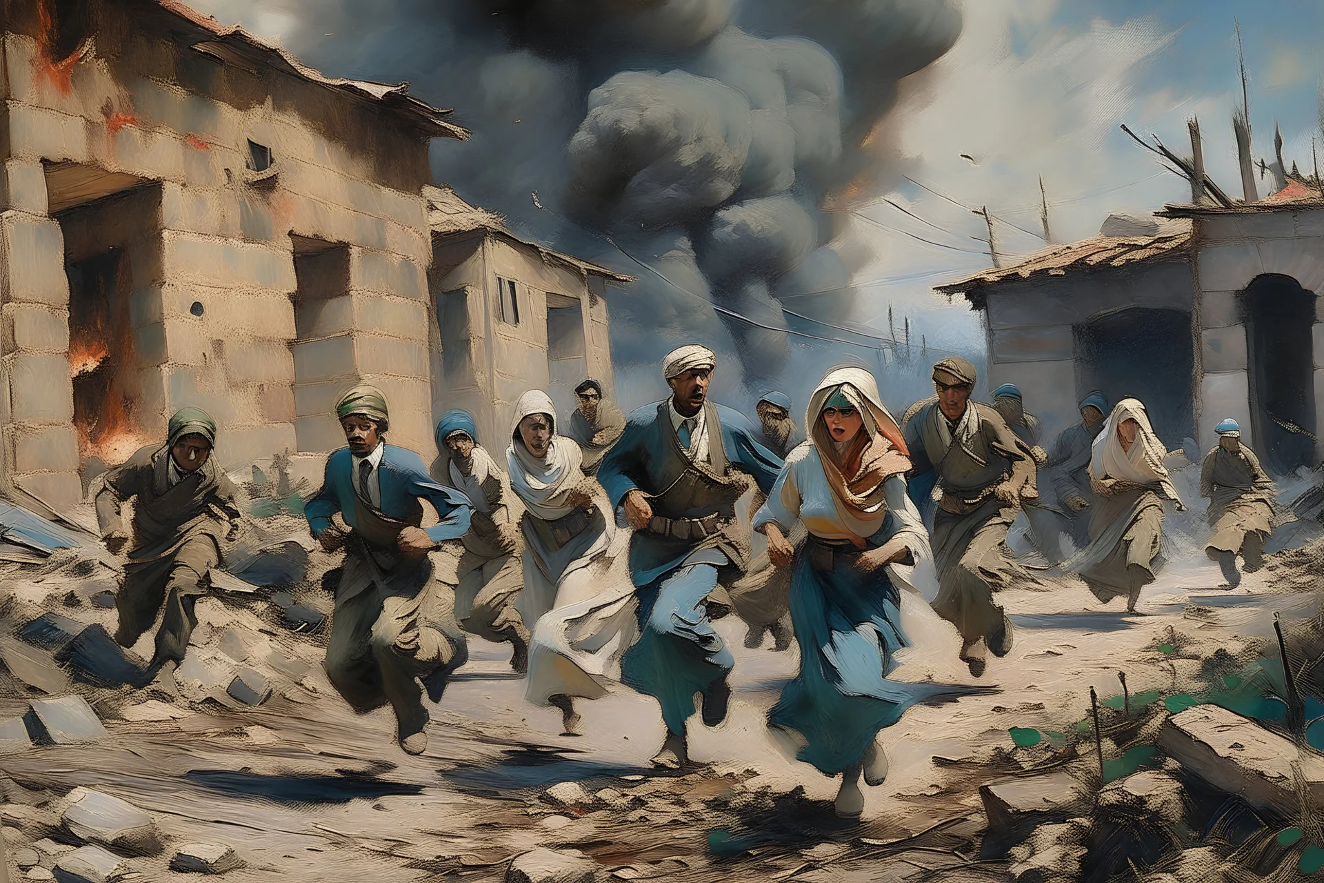 A painting of civilians escaping a warzone. Painted in monnet style