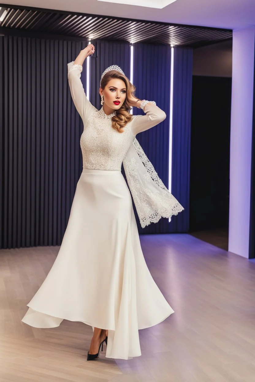 full body of very beautiful lady midi skirt and blouse , curvy hair with small cap and lace scarf ,standing idle happy pose in studio pretty makeup