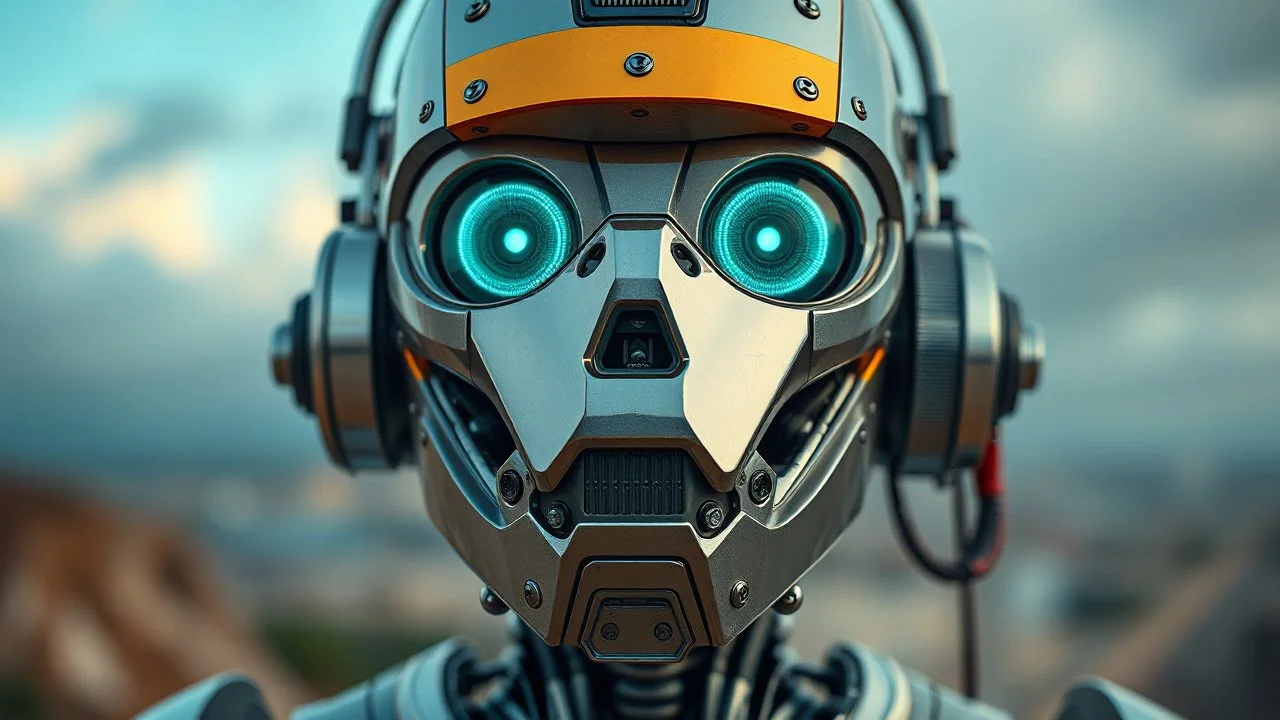 a beautiful full frame portrait digital painting of futuristic gaspunk robot, wide angle view, close-up, macro lens, centered camera, titanium accents, intricate details, small minutiae, tiny features, particulars, colorful, 8k, least ambient occlusion, volumetric lighting, volumetric clouds