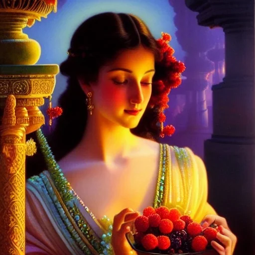 Hyperdetailed oil on canvas, young annie henley at a temple fountain, beautiful, detailed face, long dark hair, surrounded by luminous colorful sparkles, airbrush, depth of field, raspberries, blackberries, octane render, by gaspar camps, maxfield parrish, alphonse mucha, cyril rolando, volumetric lighting, dusk, 16k