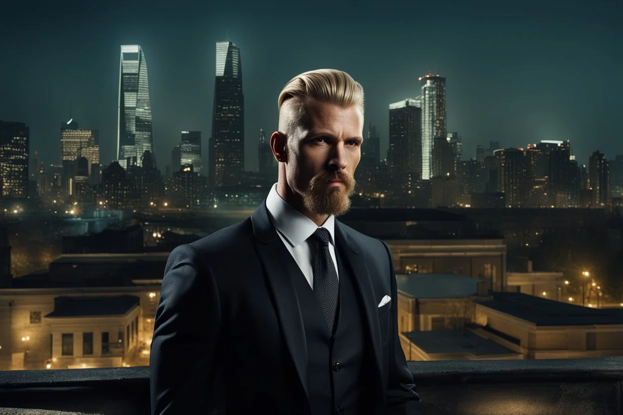 photorealistic portait of henry cavell as mercenary with long blonde hair undercut tattoo on neck smartly trimmed goatee wearing smart suit cityscape