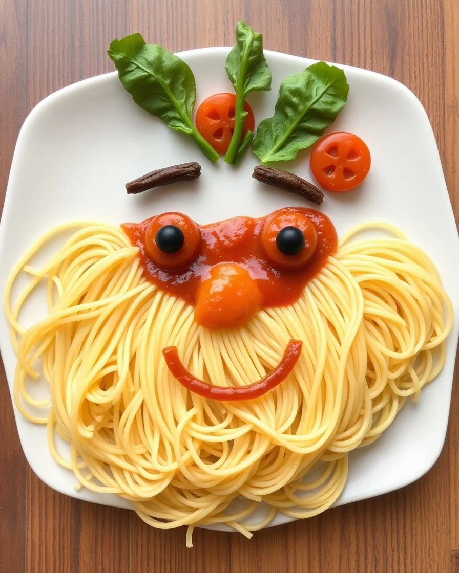 Made a craft a face made by spaghetti and vegetables toping sauce