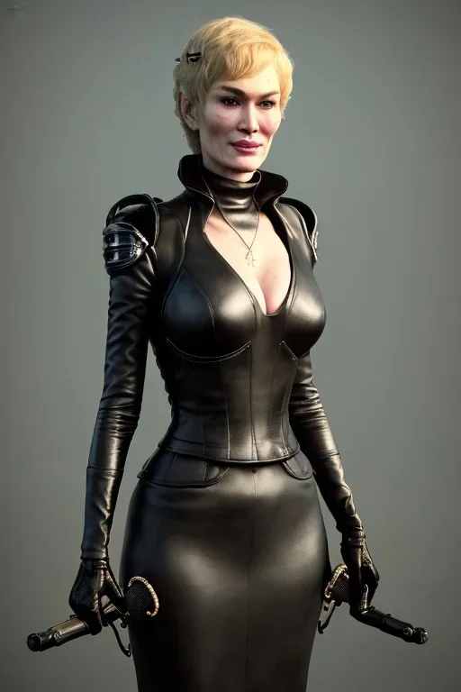 Cersei Lannister as evil mistress in black leather, dominatrix, bdsm, busty, cleavage, curvy, lena headay, angry, stern look. character design by cory loftis, fenghua zhong, ryohei hase, ismail inceoglu and ruan jia. unreal engine 5, artistic lighting, highly detailed, photorealistic, fantasy