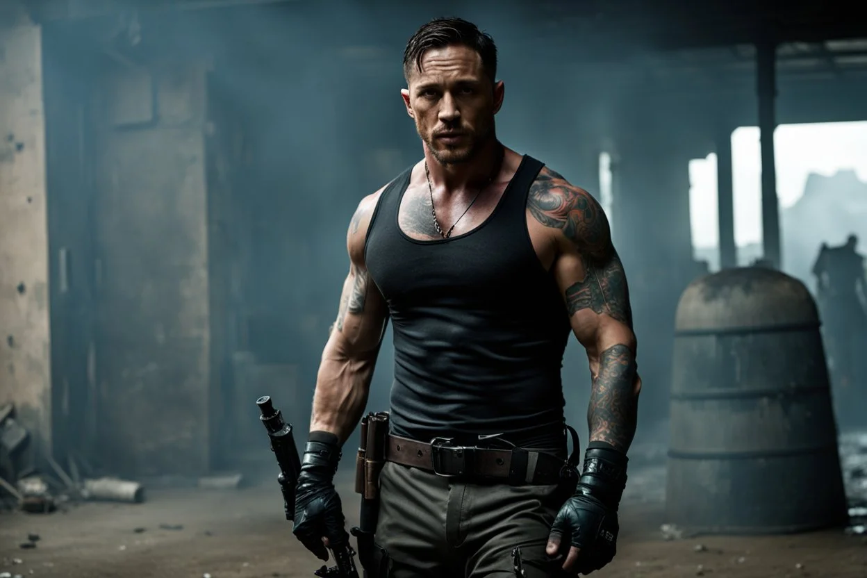 Tom Hardy as Handsome muscular male, 30 years old, Dark brown eyes, Long chocolate brown hair, bare chest covered in tattoos and scars. wearing black combat trousers and heavy boots, hyperrealistic, 4k, dark fantasy, large house in the background