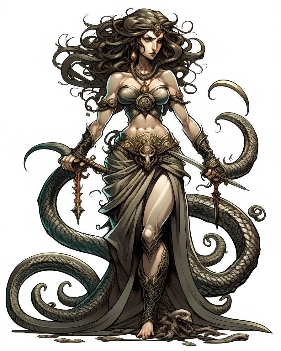 full-length, detailed persona, sword in hand, gorgon medusa, from the back, half-turn, full-length, leans on one leg, snakes on the head instead of hair