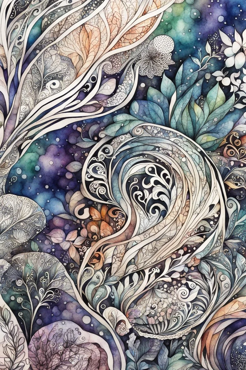 random watercolor Zentangle patterns that depict the personification of Nature, highly detailed, with fine ink outlining