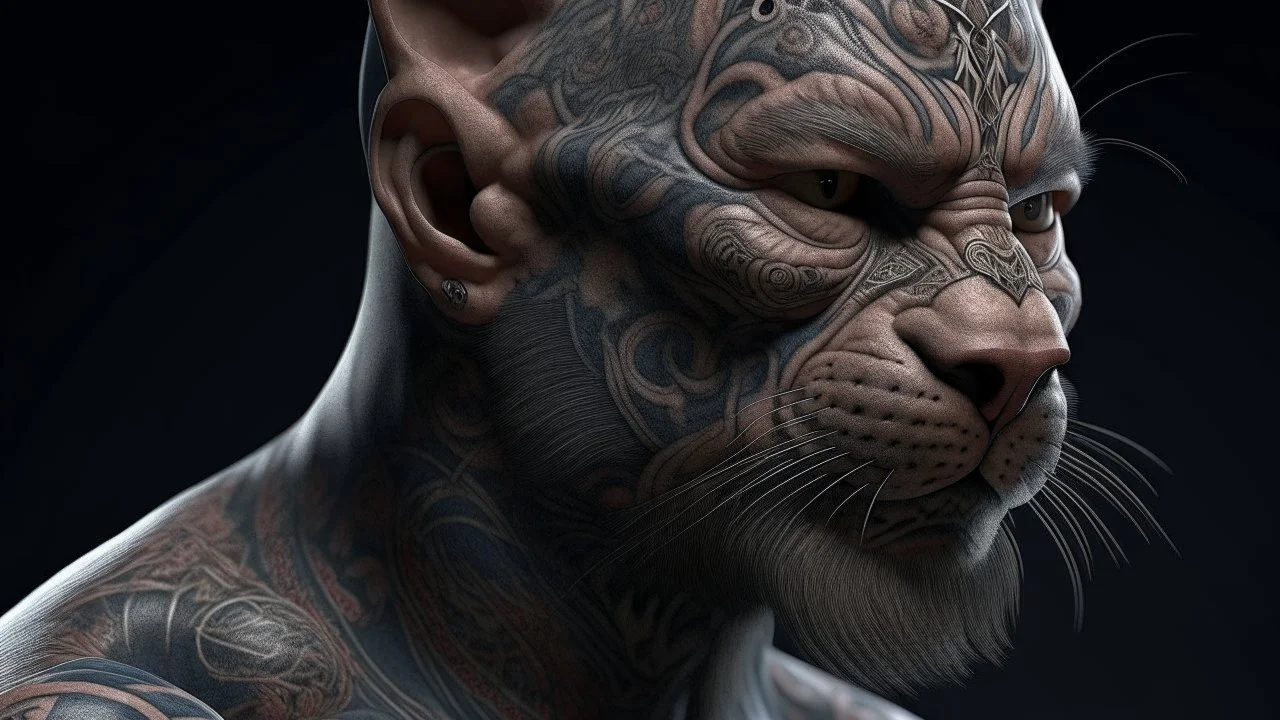 cat man, fine rendering, high detail, 8K, man, tattoos, wool,