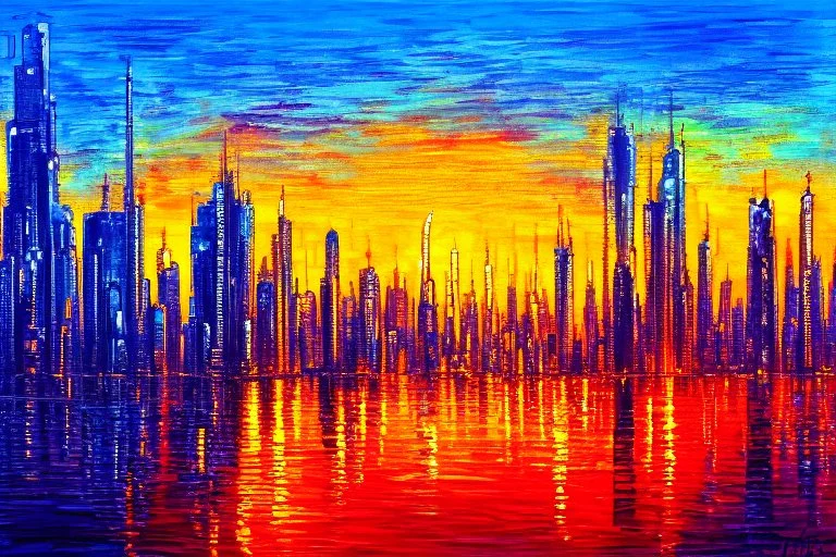 Cyberpunk City, sunset, trees, sci-fi, impressionism painting