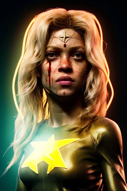 portrait, Shakira, blonde, angry, Realistic image, superhero, watchmen style, gold make-up, blood, sweat, fog, goddess style, Neon colors, leds. Black background, photo studio, concept art, smooth, unreal engine 5, god lights, ray tracing, RTX, lumen lighting, ultra detail, volumetric lighting, 3d, finely drawn, high definition, 4k.