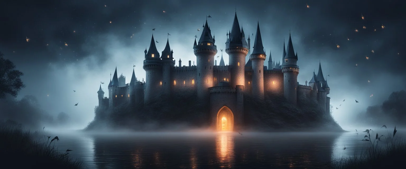 Hyper realistic huge haunted castle in a heavy foggy night with fireflies between an ocean