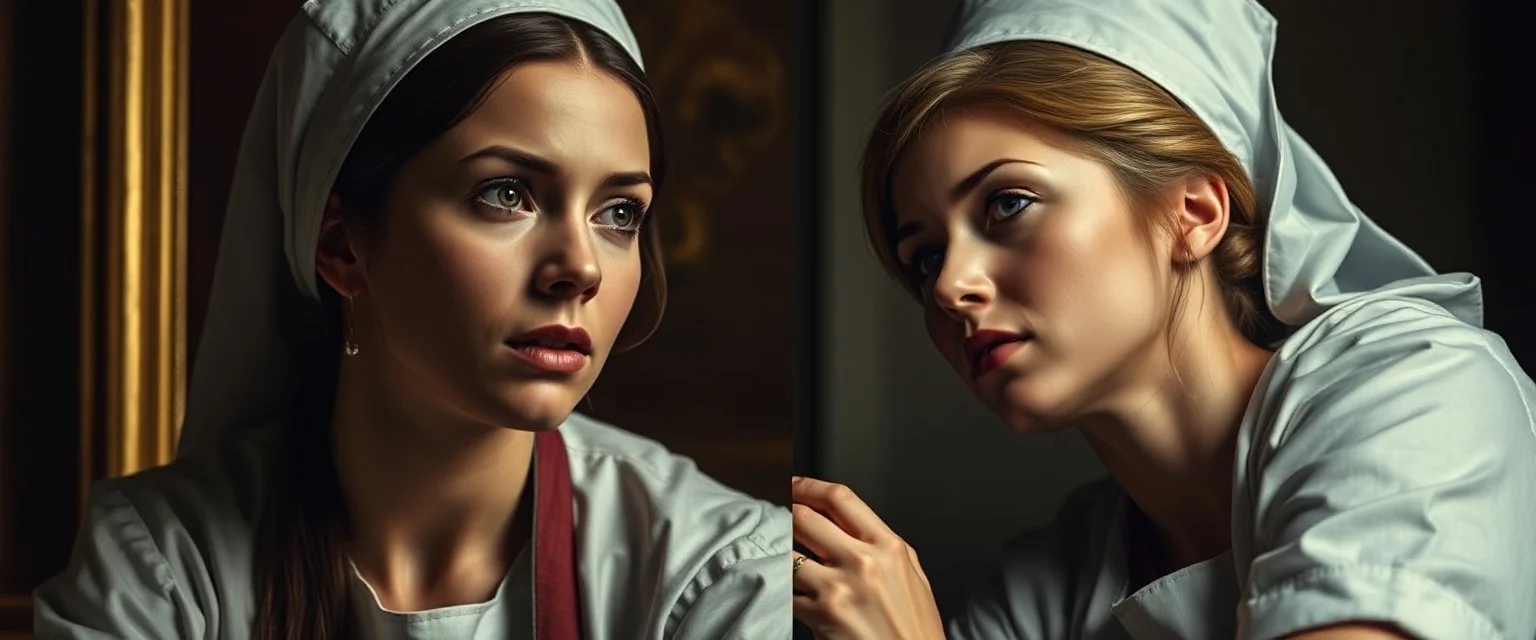 master oil painting by Rembrandt, A cinematic, high-end advertisement image for a fictional service called “Spice Girl Nurses™”. Split-screen composition with two contrasting emotional states.