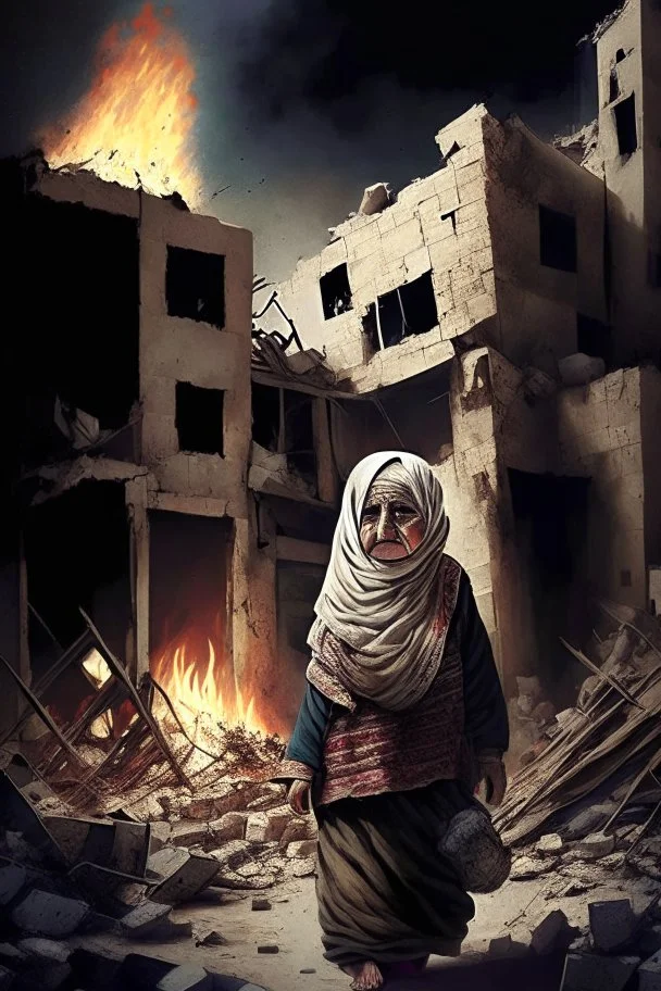 Palestinian old woman wears the keffiyeh , Carrying a small girl ,at summer , Destroyed Buildings , with a Explosions, at night