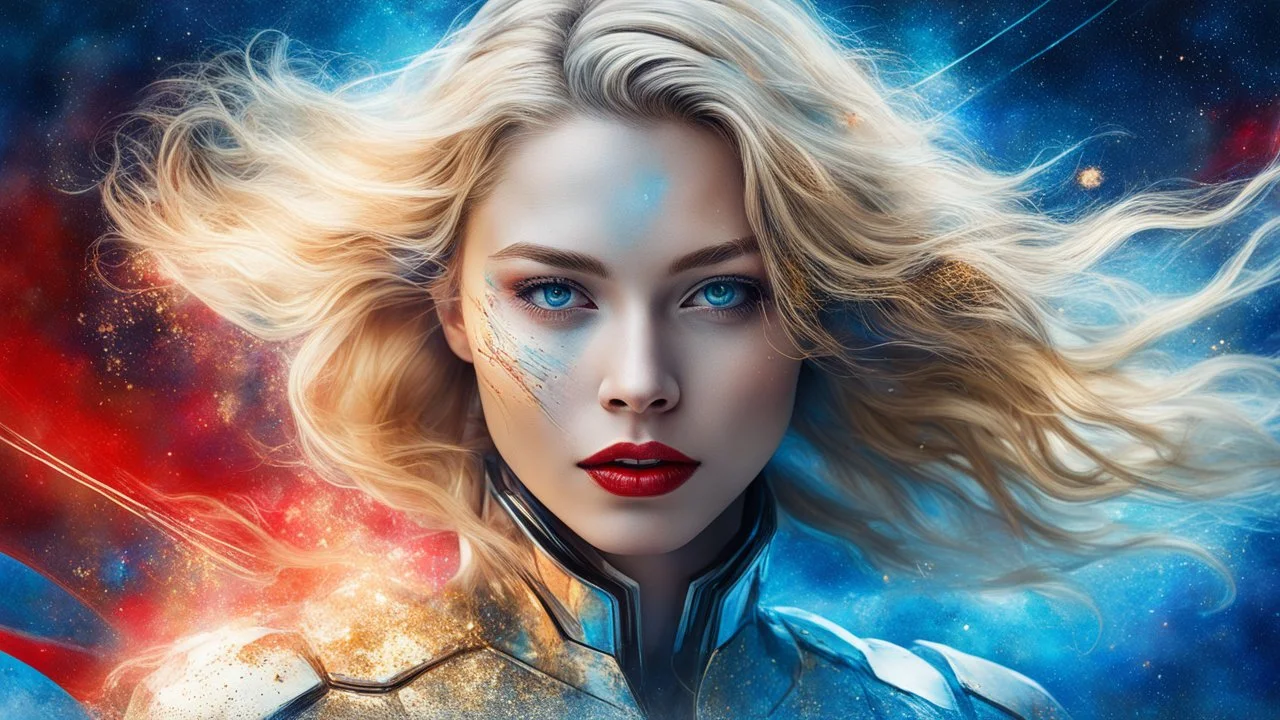 old worn canvas, layered, embossed, double exposure, artistic luminous soft watercolor, glitter, medium ground, luminosity, highlights, gold fragments, shine, light effects, artistic luminous, portrait of a female cyborg in flowing clothes, blonde hair, red lips, wind, blue space, planet, clear lines, layered, blending, textured, surreal, 3D, 8K, best quality, fine rendering, high detail, hyperrealism, high resolution, high definition, layered, pin sharp, hyperfocus, vignette