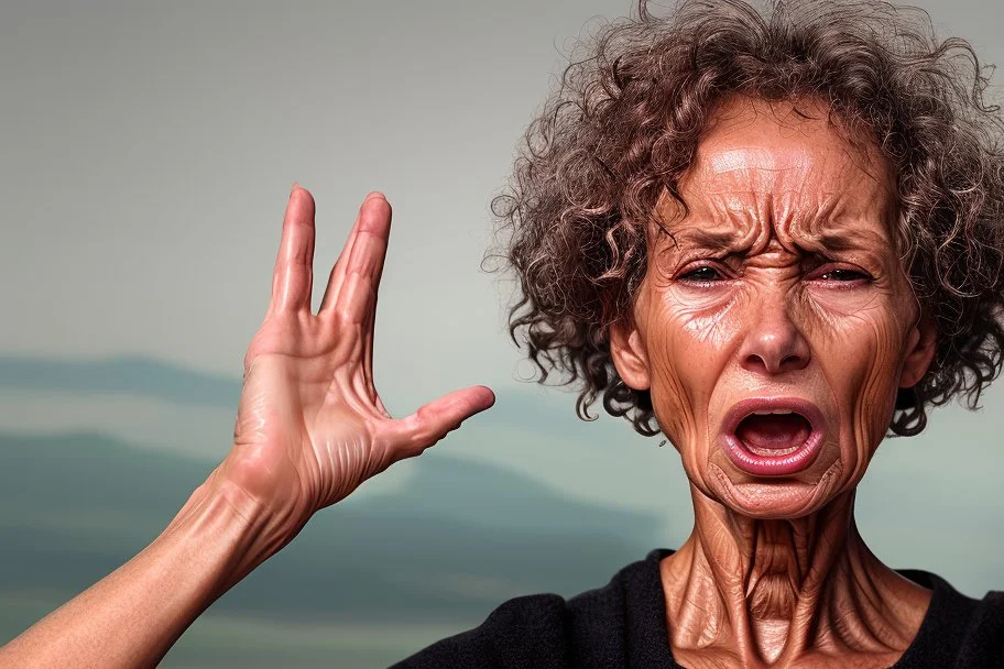 Generate an 8K UHD image of a 65-year-old skinny, curly-haired lady, her right hand holding a large, shiny piece of coal. Her face, a masterpiece of contradictions—wrinkled forehead and squinted eyes betray trapped desperation, while her wide-open mouth emits a scream of rage so intense that saliva flies. Capture the collision of emotions, depicting the woman on the brink of joy and desperation as she confronts the culmination of her emotional journey