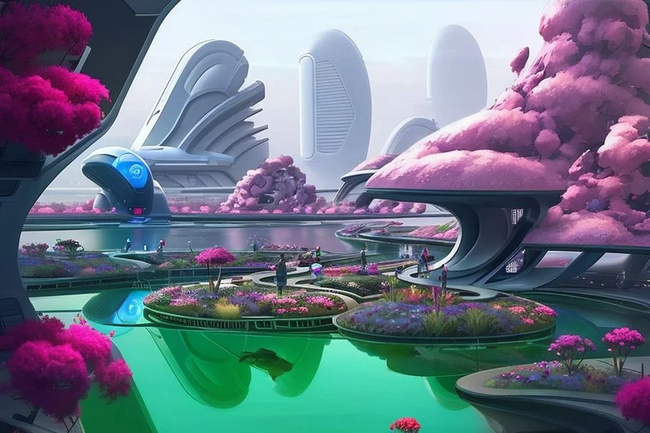 Futuristic city, people, pond, flowers, sci-fi