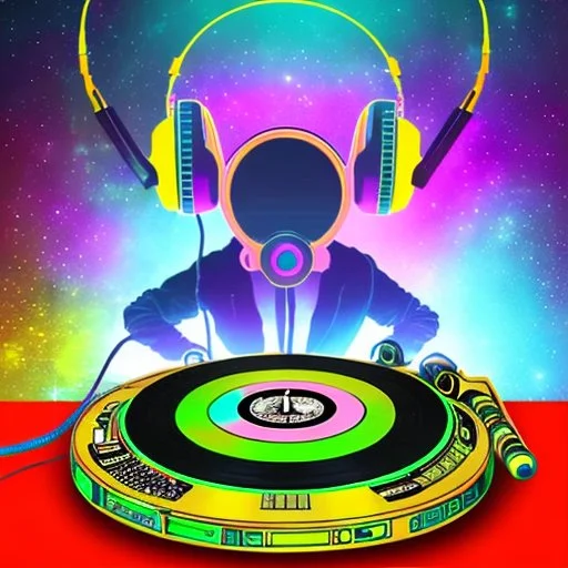 The image features a cartoon DJ character, cyberpunk alien animal, wearing headphones, a DJ turntable. The character is surrounded by a vibrant and colorful background, which adds to the lively atmosphere of the scene. The DJ character appears to be the main focus of the image, and the headphones and turntable emphasize their role as a DJ. The overall scene is visually appealing and captures the essence of a DJ's creative and energetic performance, art style by Coco Vadi, masterpiece of art, am