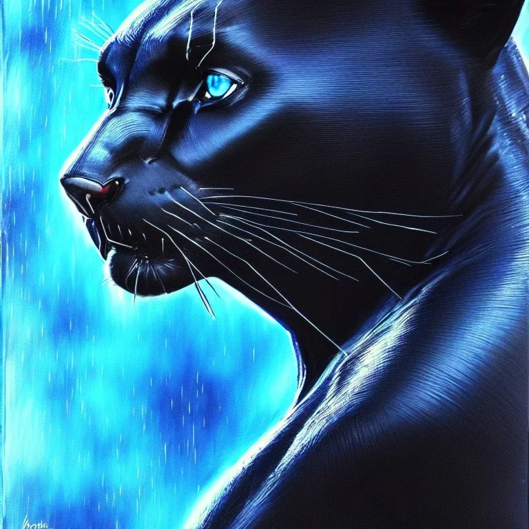 black panther with blue burning eyes,animal realistic, symmetric, 8k, extremly detailed, wet, rain, portrait