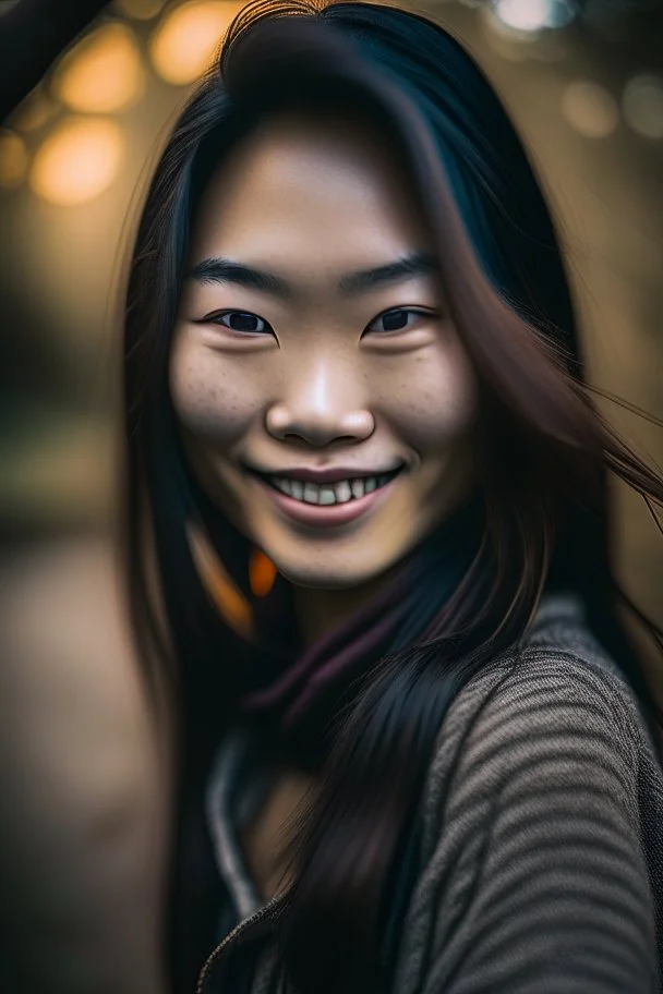 portrait of an asian girl smiling, outdoors, dslr camera, cinematic photography, epic angle, dark colour tone