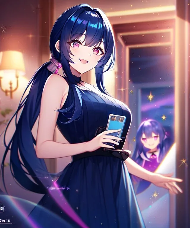 girl, masterpiece, best quality, cinematic lighting, detailed outfit, vibrant colors, perfect eyes, dark blue hair, pink eyes, long hair, low ponytail, dark blue dress, sparkle, depth of field, indoors, god rays, glowing light, ray tracing, laughing,