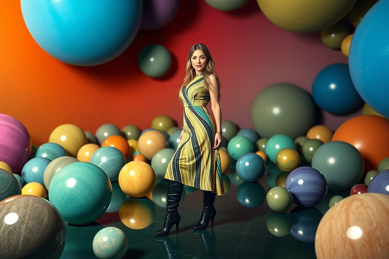 beautiful full body with long boots and midi dress lady in surreal stage made of fractal random size spheres with helical strip colors in clothing similar to environment full body posing to camera