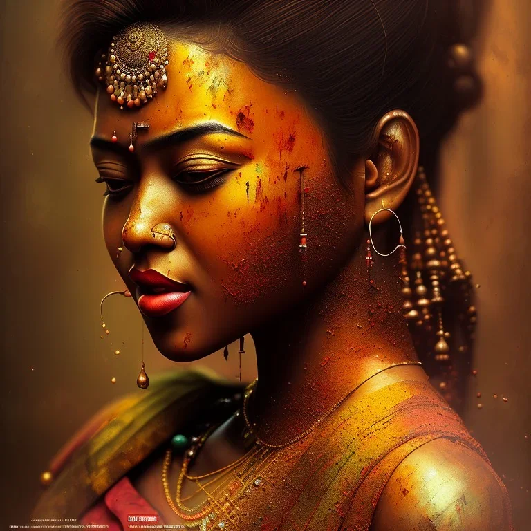 Indian portrait, rust, scaffolding, iron cladding, decay, mixed media, dark textured, anatomically correct, beautiful perfect face, sharp focus, highly detailed