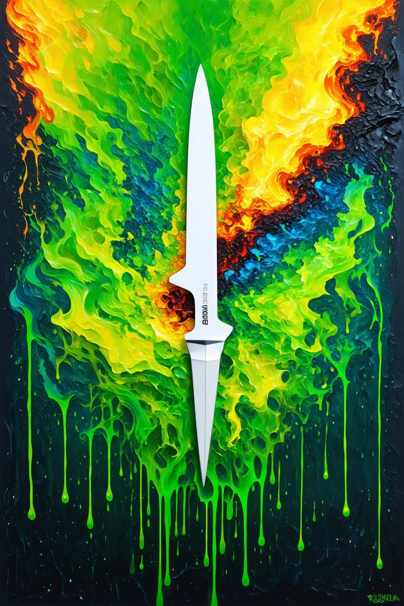 Surfing the time knife directing machine elves using your hands to send fractal energy machine elves between creation and destruction like a DNA strand" in Jorn’s raw, gestural style. The jagged, white-hot time knife slicing through the canvas creates a dynamic focal point, symbolizing the relentless march of time. The division between creation (organic, dripping greens, yellows, and blues) and destruction (fiery, scratched reds, oranges, and blacks) sets up a cosmic tension, while the neon frac