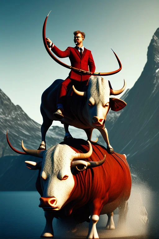 norwegian man on bull, 4k, trending art, weird perspective, mirrors, water, realism