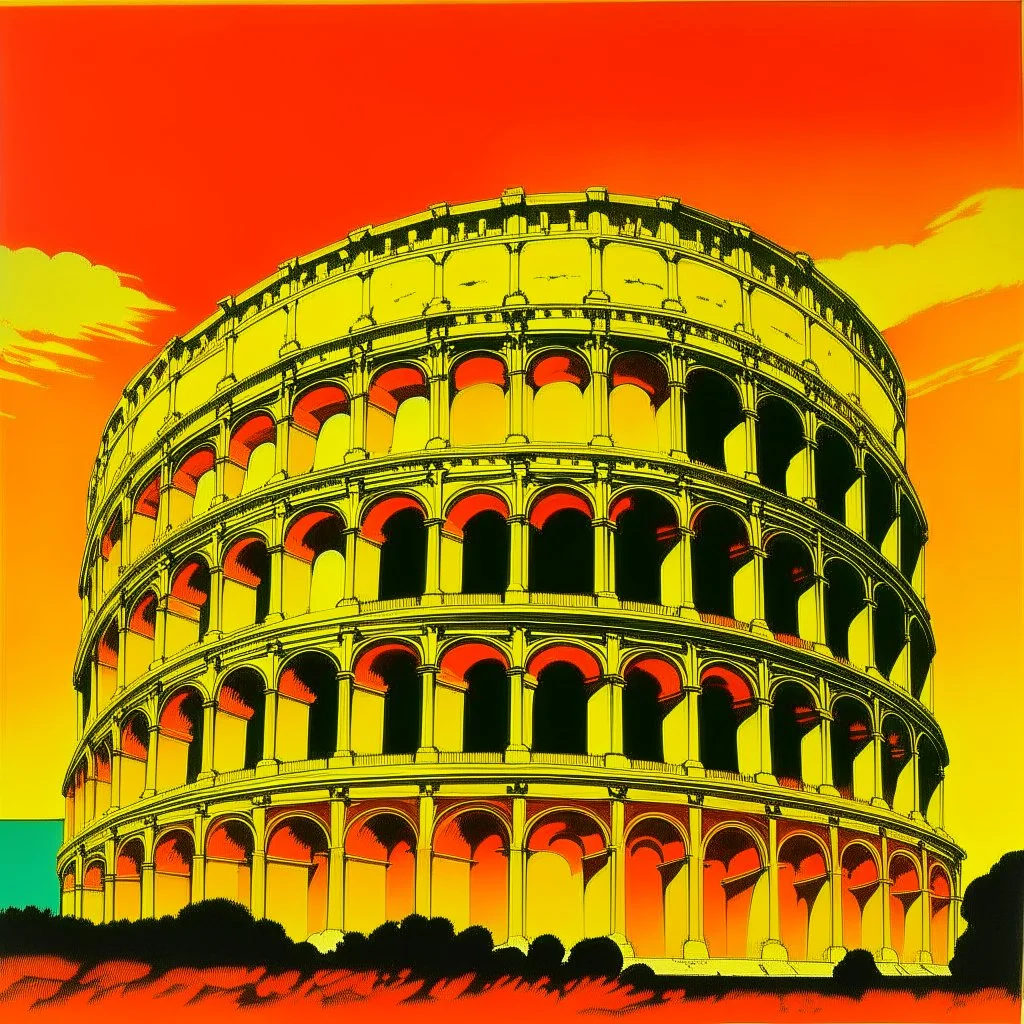 A yellowish orange colored mythical coliseum in the sky painted by Andy Warhol