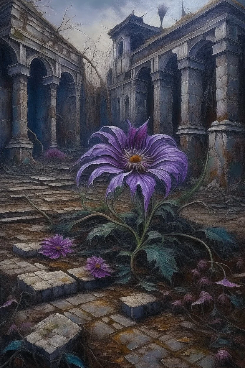 Oil painting of a purple flower amid withered and dead flowers in an abandoned garden in an abandoned palace in the ancient era